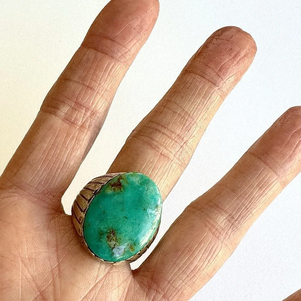 Big Navajo Mens Turquoise‎ Ring Sz 11 Signed Alvery Smith Fans 23g Band Oval